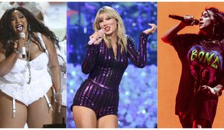 This combination photo shows, from left, Lizzo performing at the BET Awards in Los Angeles on June 23, 2019, Taylor Swift performing at Amazon Music&#39;s Prime Day concert in New York on July 10, 2019 and Billie Eilish performing at the Coachella Music &amp;amp; Arts Festival in Indio, Calif. on April 20, 2019.  Swift, Lizzo, Eilish are set to perform on the iHeartRadio Jingle Ball Tour this holiday season. IHeartMedia announced Friday, Sept. 27, 2019, that the 12-city tour kicks off Dec. 1 in Tampa Bay, Florida. (AP Photo)