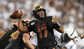 Maryland quarterback Josh Jackson passes during the first half of an NCAA college football game against Penn State, Friday, Sept. 27, 2019, in College Park, Md. (AP Photo/Nick Wass) ** FILE **