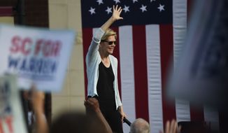 Democratic presidential hopeful Sen. Elizabeth Warren of Massachusetts wraps up a campaign event in Rock Hill, S.C., Saturday, Sept. 28, 2019. (AP Photo/Meg Kinnard)