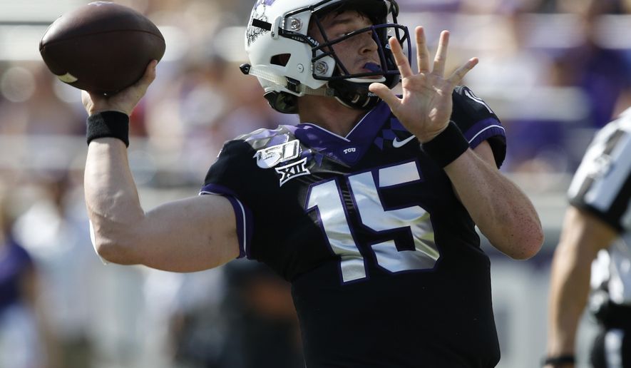 TCU Horned Frogs quarterback Max Duggan (15) throws in the first half. The Kansas Jayhawks played the TCU Horned Frogs at Amon Carter Stadium in Fort Worth, Texas Saturday, Sept. 28, 2019./Star-Telegram via AP)