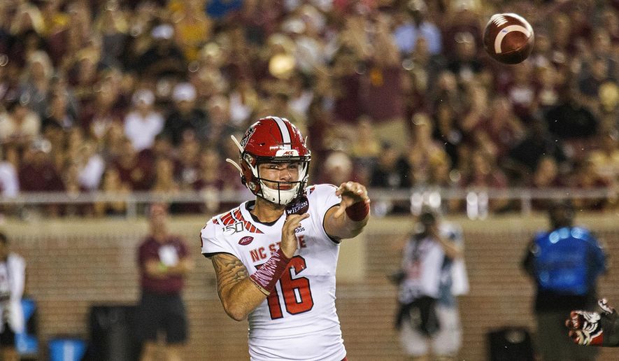 North Carolina State quarterback Bailey Hockman (16) throws against Florida State in the first half of an NCAA college football game in Tallahassee, Fla., Saturday, Sept. 28, 2019. (AP Photo/Mark Wallheiser)