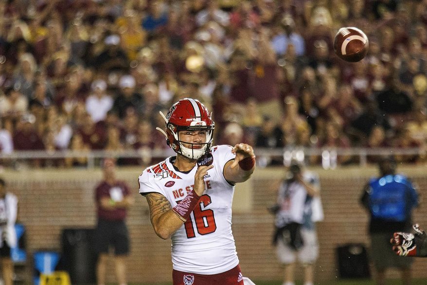 North Carolina State quarterback Bailey Hockman (16) throws against Florida State in the first half of an NCAA college football game in Tallahassee, Fla., Saturday, Sept. 28, 2019. (AP Photo/Mark Wallheiser)
