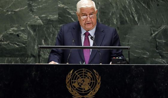 Syria&#39;s Deputy Prime Minister Walid Al-Moualem addresses the 74th session of the United Nations General Assembly, Saturday, Sept. 28, 2019. (AP Photo/Richard Drew)