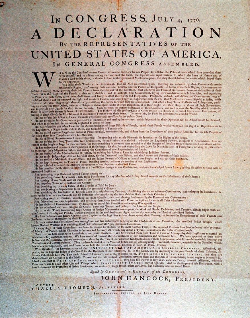 A 1776 copy of the Declaration of Independence, shown in this undated handout photograph, was bought by television producer Norman Lear and Internet entrepreneur David Hayden, who plan to send the document on a national tour under the auspices of Lear's nonprofit organization, People for the American Way. (AP Photo) **FILE**