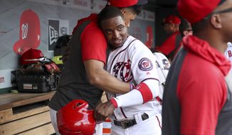 Washington Nationals&#39; Victor Robles, center, celebrates with teammates after scoring on a single into shallow right field in the sixth inning of a baseball game against the Cleveland Indians at Nationals Park, Sunday, Sept. 29, 2019, in Washington. (AP Photo/Andrew Harnik)