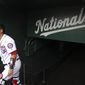Washington Nationals catcher Kurt Suzuki (28) takes the field before a baseball game against the Cleveland Indians at Nationals Park, Sunday, Sept. 29, 2019, in Washington. (AP Photo/Andrew Harnik)