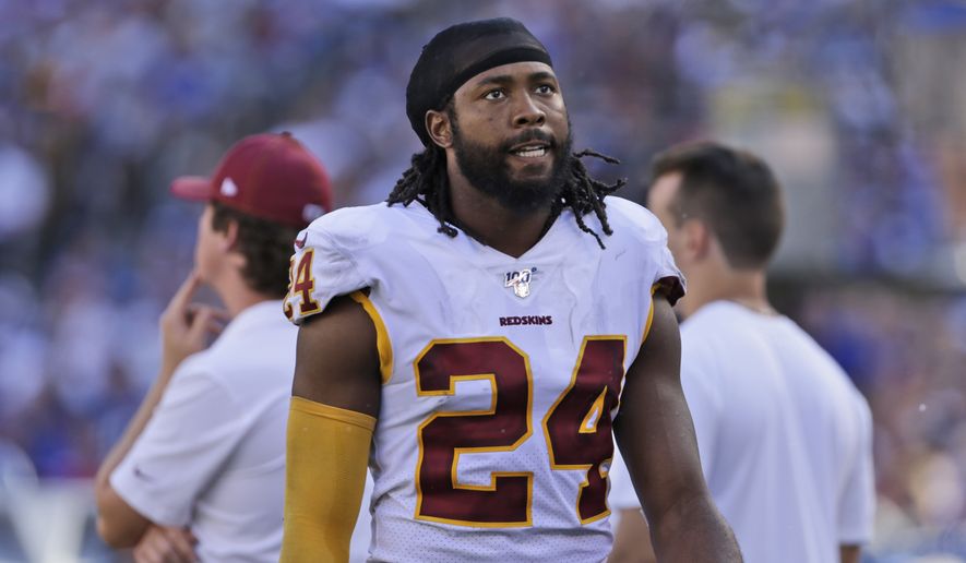 Washington Redskins&#39; Josh Norman on the sidelines during the second half of an NFL football game against the New York Giants, Sunday, Sept. 29, 2019, in East Rutherford, N.J. (AP Photo/Adam Hunger) ** FILE **