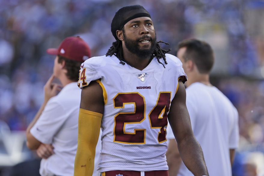 Washington Redskins&#39; Josh Norman on the sidelines during the second half of an NFL football game against the New York Giants, Sunday, Sept. 29, 2019, in East Rutherford, N.J. (AP Photo/Adam Hunger) ** FILE **