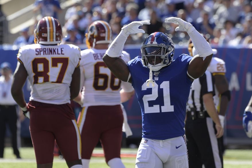 New York Giants' Jabrill Peppers reacts during the first half of an NFL football game against the Washington Redskins, Sunday, Sept. 29, 2019, in East Rutherford, N.J. (AP Photo/Bill Kostroun)