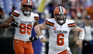 Cleveland Browns quarterback Baker Mayfield (6) gestures after a play against the Baltimore Ravens during the second half of an NFL football game Sunday, Sept. 29, 2019, in Baltimore. The Browns won 40-25. (AP Photo/Gail Burton)
