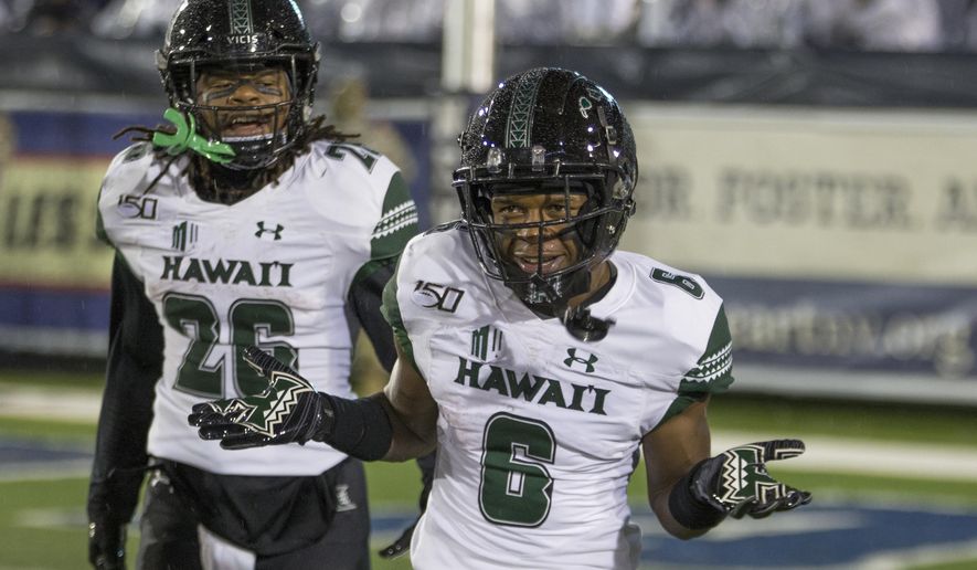 Hawaii wide receiver Cedric Byrd II (6) reacts after scoring a touchdown against Nevada in the first half of an NCAA college football game in Reno, Nev. Saturday, Sept. 28, 2019. (AP Photo/Tom R. Smedes)