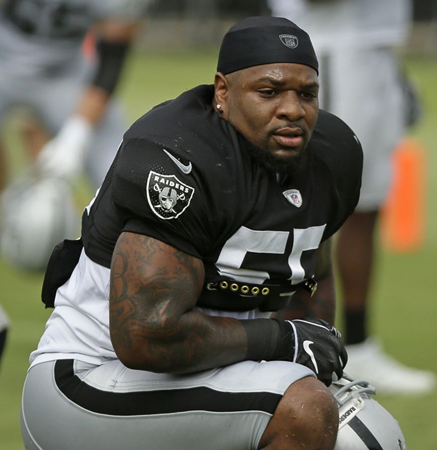 VONTAZE BURFICT                                                                                                    
Oakland Raiders linebackers Vontaze Burfict, gets up after stretching during NFL football training camp Monday, July 29, 2019, in Napa, Calif. (AP Photo/Eric Risberg)