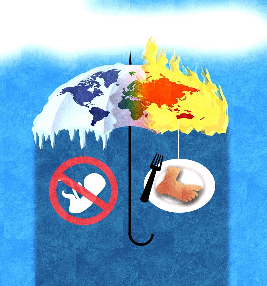 Illustration on the consequences of climate change policy by Alexander Hunter/The Washington Times