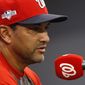 Washington Nationals manager Dave Martinez speaks at a baseball news conference, Monday, Sept. 30, 2019, in Washington. The Nationals are scheduled to host the Milwaukee Brewers in a National League wild card game Tuesday, Oct. 1. (AP Photo/Patrick Semansky) ** FILE **