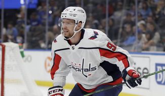 Washington Capitals&#39; Evgeny Kuznetsov, of Russia, skates during the first period of an NHL preseason hockey game against the St. Louis Blues Friday, Sept. 27, 2019, in St. Louis. (AP Photo/Jeff Roberson) **FILE**