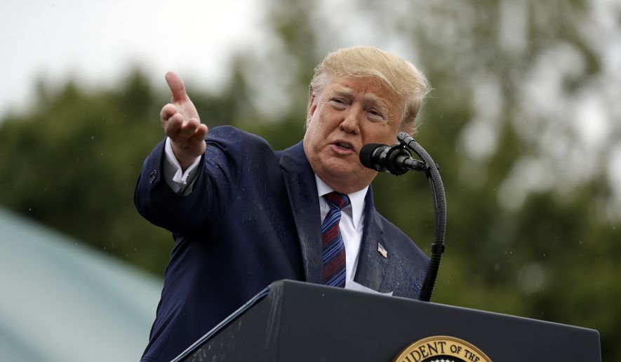 President Donald Trump speaks during an Armed Forces welcome ceremony for the new chairman of the Joint Chiefs of Staff, Gen. Mark Milley, Monday, Sept. 30, 2019, at Joint Base Myer-Henderson Hall, Va. (AP Photo/Evan Vucci)