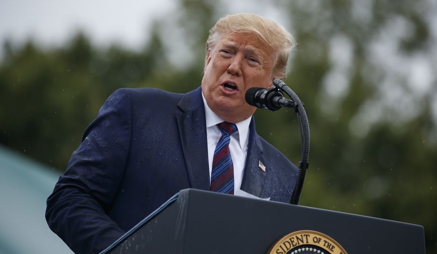 President Donald Trump speaks during an Armed Forces welcome ceremony for the new chairman of the Joint Chiefs of Staff, Gen. Mark Milley, Monday, Sept. 30, 2019, at Joint Base Myer-Henderson Hall, Va. (AP Photo/Evan Vucci)