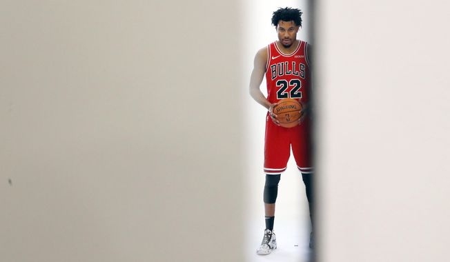 Chicago Bulls guard Otto Porter Jr. poses for a photo during the NBA basketball team&#x27;s media day Monday, Sept. 30, 2019, in Chicago. (AP Photo/Charles Rex Arbogast)