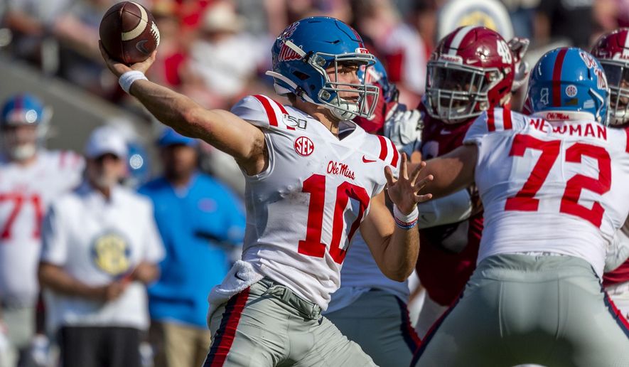 Mississippi quarterback John Rhys Plumlee (10) throws against Alabama during the first half of an NCAA college football game, Saturday, Sept. 28, 2019, in Tuscaloosa, Ala. (AP Photo/Vasha Hunt)