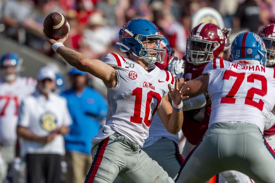 Mississippi quarterback John Rhys Plumlee (10) throws against Alabama during the first half of an NCAA college football game, Saturday, Sept. 28, 2019, in Tuscaloosa, Ala. (AP Photo/Vasha Hunt)