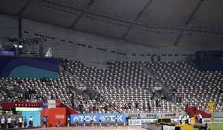 Empty seats before the the women&#39;s 100 meter final at the World Athletics Championships in Doha, Qatar, Sunday, Sept. 29, 2019. (AP Photo/Petr David Josek)