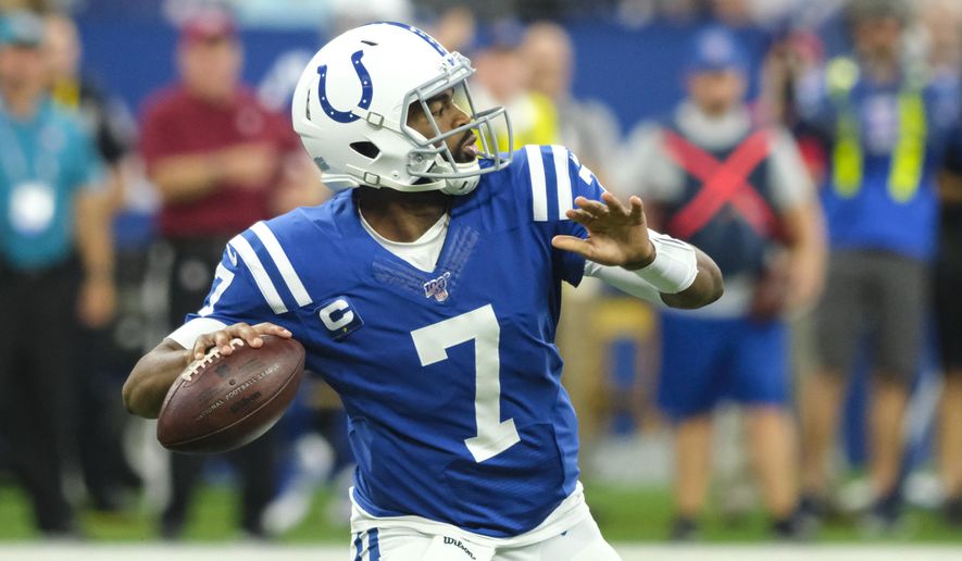 Indianapolis Colts quarterback Jacoby Brissett (7) throws against the Oakland Raiders during the first half of an NFL football game in Indianapolis, Sunday, Sept. 29, 2019. (AP Photo/AJ Mast)