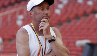 FILE - In this Aug. 21, 2015, file photo, track coach Alberto Salazar watches a training session for the upcoming World Athletic Championships at the Bird&#39;s Nest stadium in Beijing. Salazar, who trained four-time Olympic champion Mo Farah and a number of other top runners, has been given a four-year ban by the U.S. Anti-Doping Agency. USADA said in a news release Monday, Sept. 30, 2019, that Salazar and Jeffrey Brown were receiving four-year bans for, among other violations, possessing and trafficking testosterone while working at the Nike Oregon Project (NOP), where they trained top runners. (AP Photo/Kin Cheung, File)