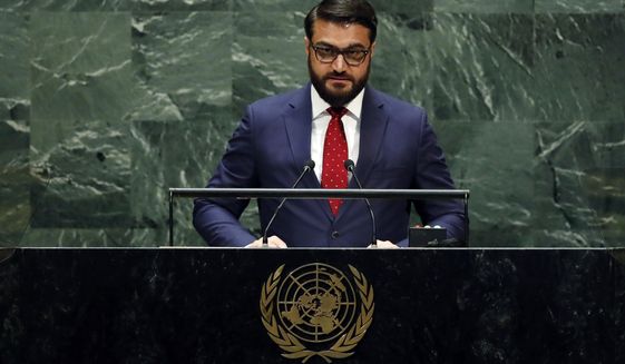 Afghanistan&#39;s National Security Adviser Hamdullah Mohib addresses the 74th session of the United Nations General Assembly, Monday, Sept. 30, 2019. (AP Photo/Richard Drew)