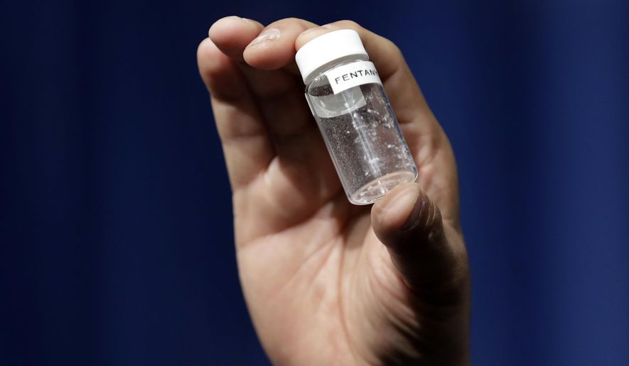 An example of the amount of fentanyl that can be deadly after a news conference about deaths from fentanyl exposure, at DEA Headquarters in Arlington Va. (AP Photo/Jacquelyn Martin, File)