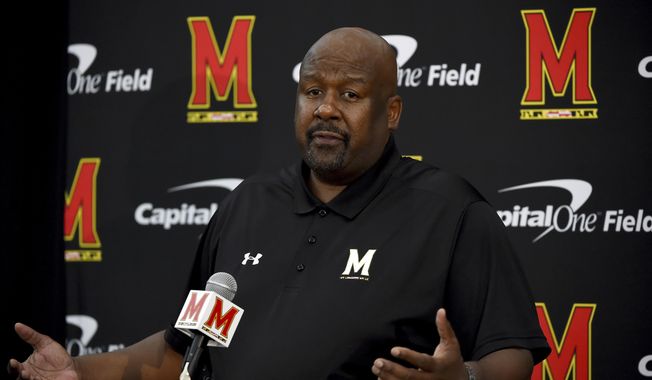  In this Aug. 2, 2019, file photo, Maryland head coach Mike Locksley addresses the media during a news conference before NCAA college football practice, in College Park, Md. Maryland&#x27;s impressive start under first-year coach Mike Locksley has been wiped out by two straight ugly defeats, leaving the team scrambling before a pivotal trip to Rutgers. (AP Photo/Will Newton, File) ** FILE **