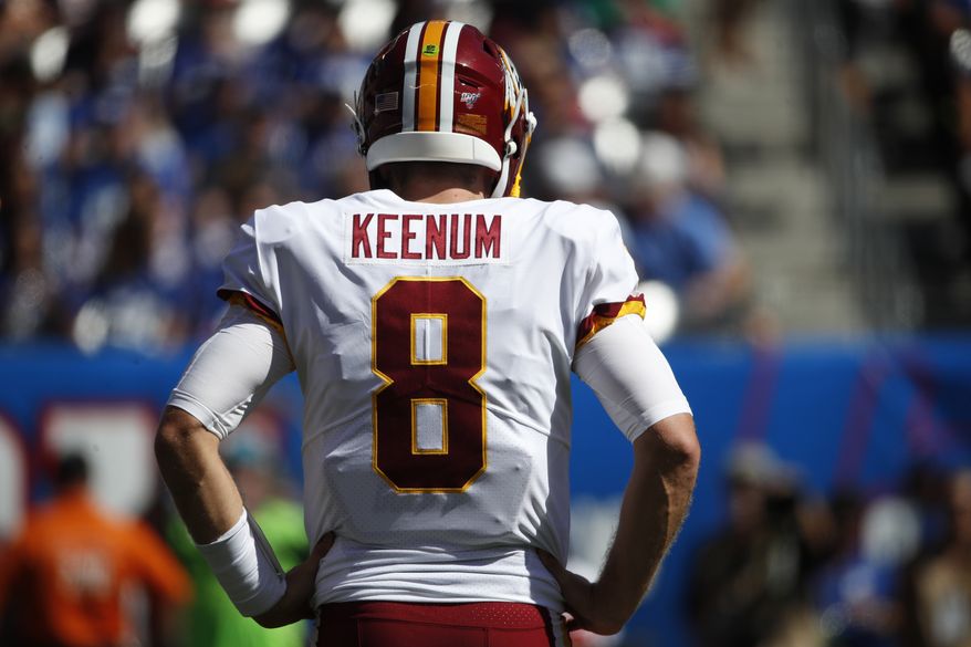 Washington Redskins quarterback Case Keenum (8) waits on the field during an NFL football game against the New York Giants, Sunday, Sept. 29, 2019, in East Rutherford, N.J. The Giants won the game 24-3. (Jeff Haynes/AP Images for Panini)