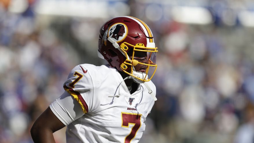 Washington Redskins quarterback Dwayne Haskins during the second half of an NFL football game against the New York Giants, Sunday, Sept. 29, 2019, in East Rutherford, N.J. (AP Photo/Adam Hunger) ** FILE **