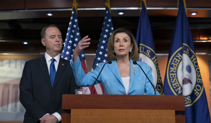 Speaker of the House Nancy Pelosi, D-Calif., is joined by House Intelligence Committee Chairman Adam Schiff, D-Calif., at a news conference as House Democrats move ahead in the impeachment inquiry of President Donald Trump, at the Capitol in Washington, Wednesday, Oct. 2, 2019. (AP Photo/J. Scott Applewhite)