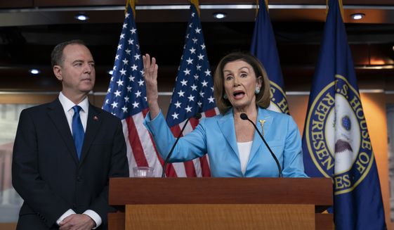 Speaker of the House Nancy Pelosi, D-Calif., is joined by House Intelligence Committee Chairman Adam Schiff, D-Calif., at a news conference as House Democrats move ahead in the impeachment inquiry of President Donald Trump, at the Capitol in Washington, Wednesday, Oct. 2, 2019. (AP Photo/J. Scott Applewhite) ** FILE **