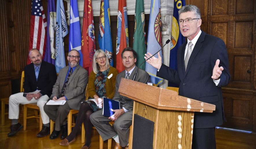 Dr. Bill Gallea, head of the Emergency Room at St. Peter’s Hospital in Helena, talks about legislation that passed to help increase access to naloxone, a drug used to reverse opioid overdoses and prevent death, during a press conference at the Montana State Capitol, Oct. 2, 2019 announcing the release of a report on opioid prescription rates. (Thom Bridge/Independent Record via AP)