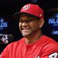 Washington Nationals manager Dave Martinez answers a reporter&#39;s question during a news conference prior to practice for Game 1 of the NLDS baseball game against the Los Angeles Dodgers Wednesday, Oct. 2, 2019, in Los Angeles. (AP Photo/Mark J. Terrill) ** FILE **