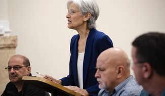 Former Green Party presidential candidate Jill Steins speaks at a board of elections meeting at City Hall, in Philadelphia, Wednesday, Oct. 2, 2019. Stein wants Pennsylvania to block Philadelphia from using new touchscreen machines it&#39;s buying ahead of 2020&#39;s elections and is threatening court action if it doesn&#39;t do so promptly. (AP Photo/Matt Rourke)