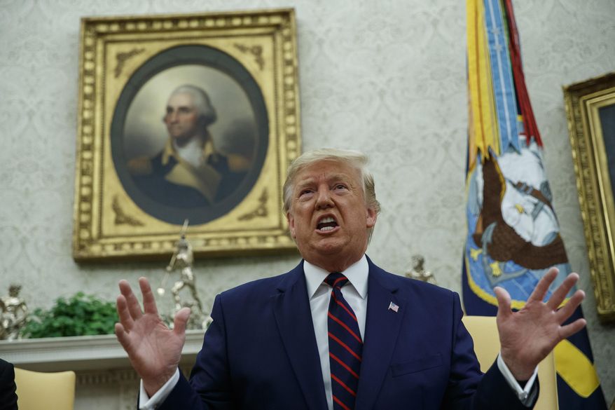 President Donald Trump speaks during a meeting with Finnish President Sauli Niinisto in the Oval Office of the White House, Wednesday, Oct. 2, 2019, in Washington. (AP Photo/Evan Vucci)