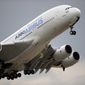 In this June 18, 2015 file photo, an Airbus A380 takes off for its demonstration flight at the Paris Air Show, in Le Bourget airport, north of Paris. The World Trade Organization says the United States can impose tariffs on up to $7.5 billion worth of goods from the European Union as retaliation for illegal subsidies to European plane-maker Airbus — a record award from the trade body. (AP Photo/Francois Mori, File)