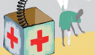 Surprise medical bill crisis illustration by Linas Garsys
