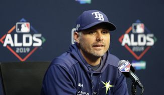 Tampa Bay Rays manager Kevin Cash takes part in a news conference, Thursday, Oct. 3, 2019, in Houston. The Rays will play the Houston Astros in the first game of an American League Division Series on Friday. (AP Photo/Eric Gay)