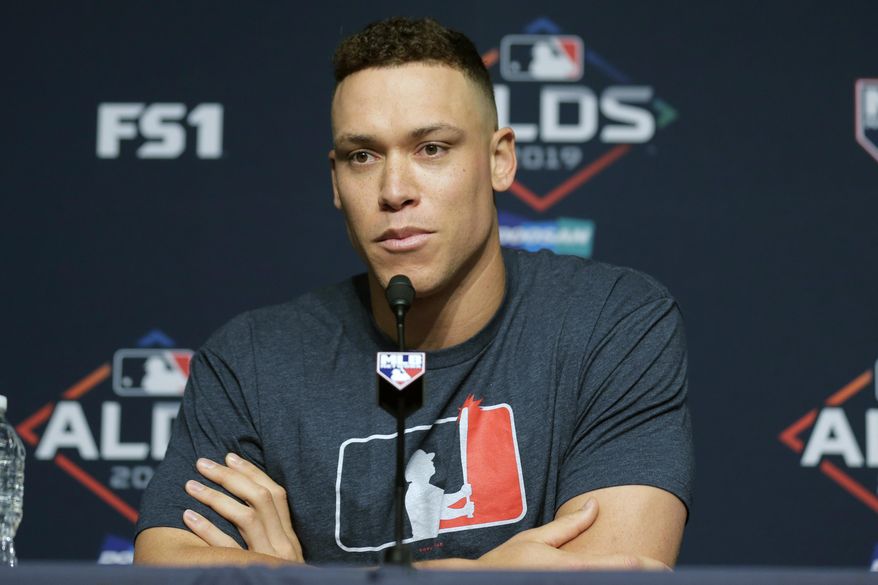 New York Yankees' Aaron Judge talks to reporters during a news conference at Yankee Stadium, Thursday, Oct. 3, 2019, in New York. The Yankees will host the Minnesota Twins in the first game of an American League Division Series on Friday. (AP Photo/Seth Wenig)