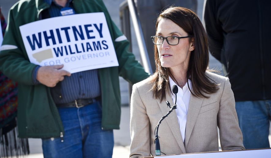 Whitney Williams announces her candidacy for governor Thursday,  Oct. 3, 2019, on the steps of the Montana State Capitol in Helena. Williams is the fourth Democrat entering the race so far.  (Thom Bridge/Independent Record via AP)