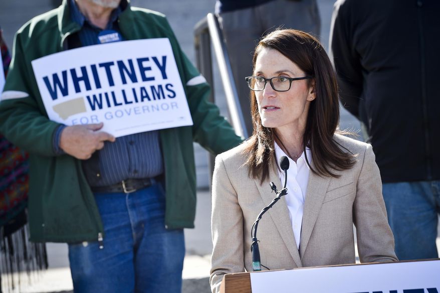 Whitney Williams announces her candidacy for governor Thursday,  Oct. 3, 2019, on the steps of the Montana State Capitol in Helena. Williams is the fourth Democrat entering the race so far.  (Thom Bridge/Independent Record via AP)