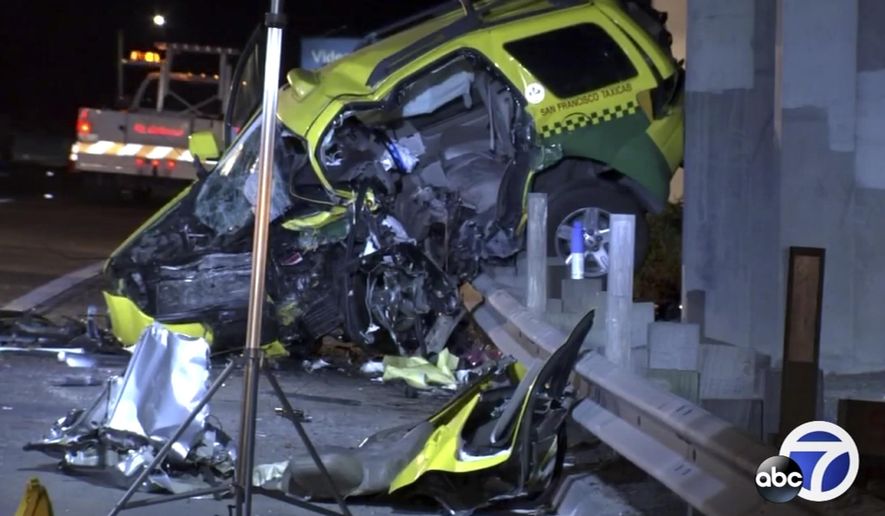 This Thursday, Aug. 1, 2019, photo taken from video provided by KGO-TV shows the scene of a car crash that authorities say killed four people on a highway in San Francisco. The California Highway Patrol says the collision happened Thursday about 12:30 a.m., just minutes after people started calling authorities to report a Volkswagen sedan driving south in the northbound lanes of Highway 101. (KGO-TV via AP)