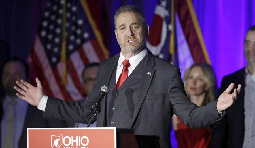 FILE - In a Nov. 6, 2018 file photo, Dave Yost speaks at the Ohio Republican Party event, in Columbus, Ohio. Two Ohio counties are telling a court to deny their state Attorney General Dave Yost's request to delay a major trial over the toll of opioids. Yost Yost asked a federal appeals court in August 2019 not to let a district judge move ahead with a case scheduled to begin Oct. 21.(AP Photo/Tony Dejak, File)