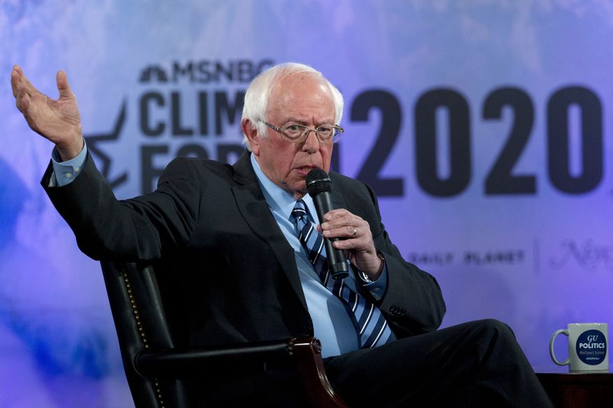 In this Sept. 19, 2019, file photo, Democratic presidential candidate Sen. Bernie Sanders, I-Vt., speaks during the Climate Forum at Georgetown University in Washington. (AP Photo/Jose Luis Magana) ** FILE **