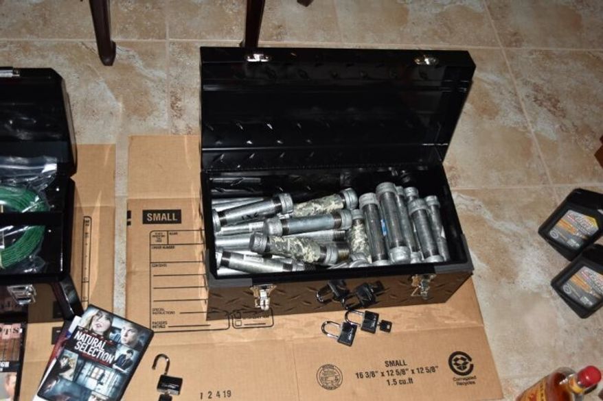 In this Oct. 4, 2019 photo made available by the Hillsborough County Sheriff's Office, shows pipe bomb making material confiscated at the home of Michelle Louise Kolts in Wimauma, Fla. Authorities say Kolts made a dozen pipe bombs with the intent to hurt people. She is charged with 24 counts of making a destructive device with the intent to do bodily harm or property damage. (Hillsborough County Sheriff's Office via AP)
