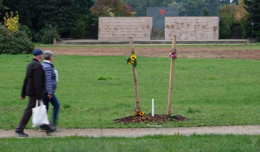 Two people walk past the reamins of an oak in a park in Zwickau, Germany, Friday, Oct. 4, 2019. German authorities are condemning the destruction of an oak that was planted in commemoration of one of the victims of the far-right National Socialist Underground. (Sebastian Willnow/dpa via AP)