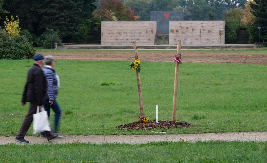 Two people walk past the reamins of an oak in a park in Zwickau, Germany, Friday, Oct. 4, 2019. German authorities are condemning the destruction of an oak that was planted in commemoration of one of the victims of the far-right National Socialist Underground. (Sebastian Willnow/dpa via AP)